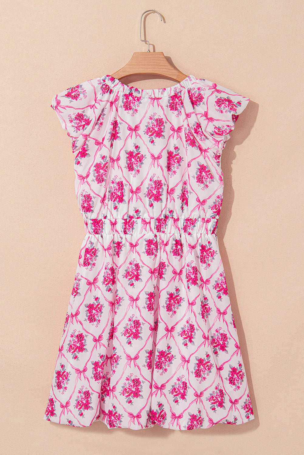 Multicolour Bow Lattice Floral Print V Neck Knot Decor Mini Dress