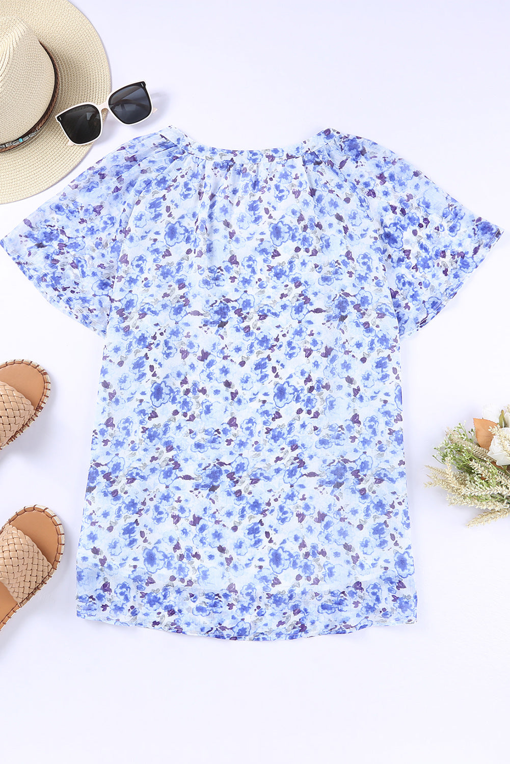 Blue Flutter Sleeve V Neck Floral Summer Blouse
