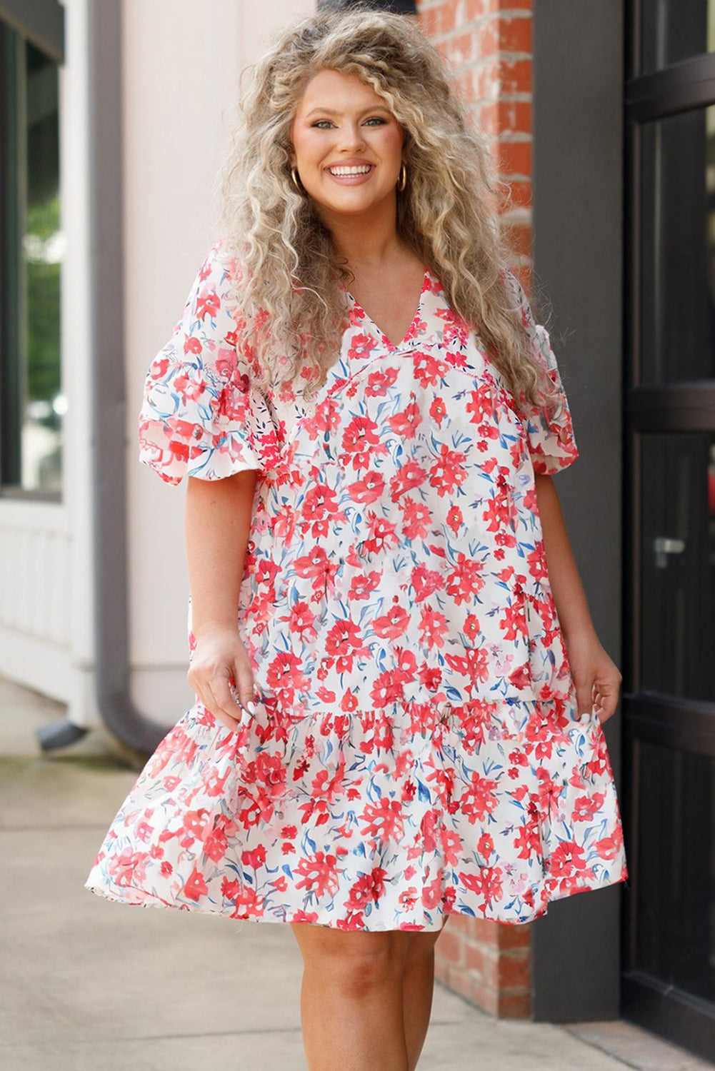 Red Floral Ruffled Half Sleeve V Neck Plus Size Dress