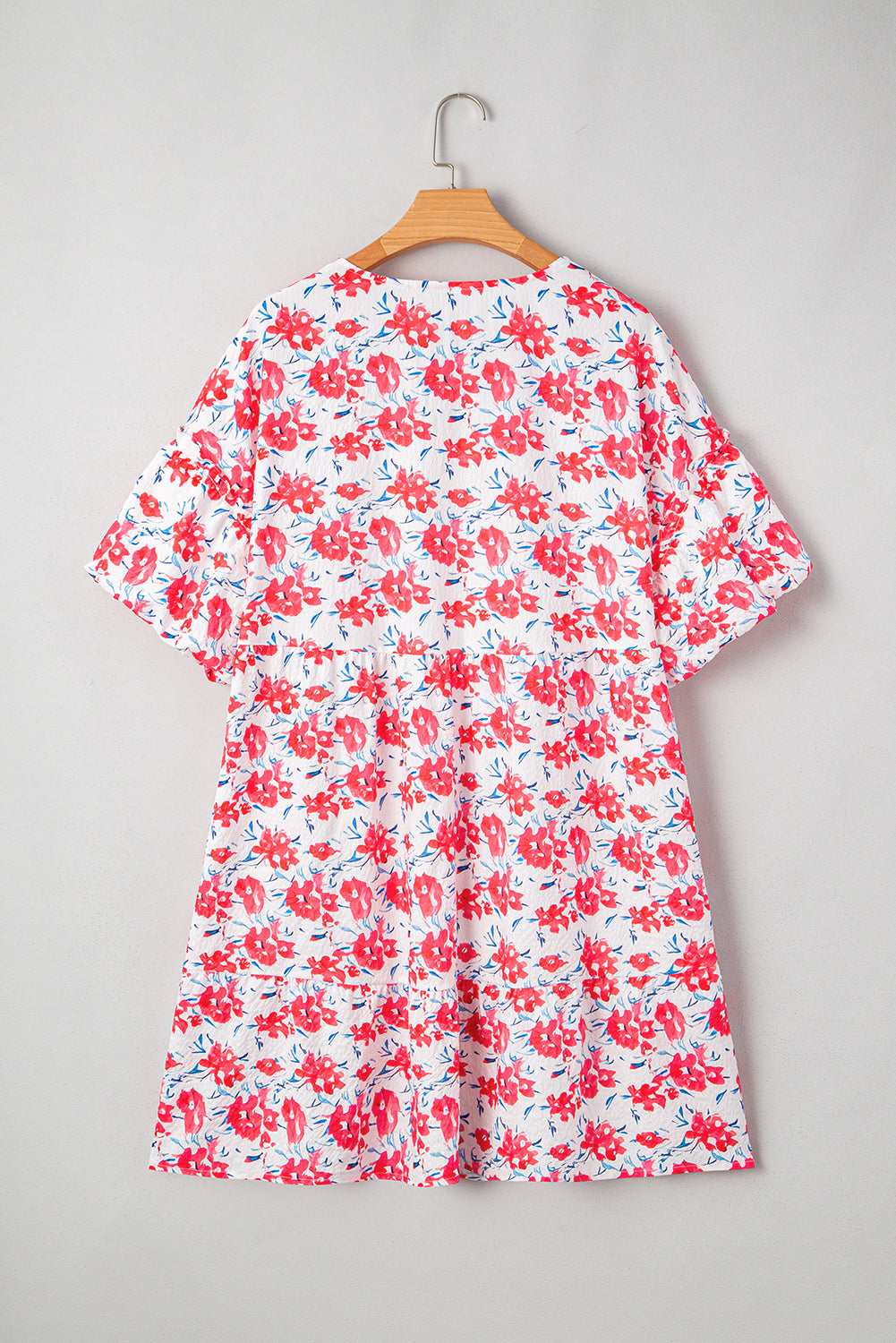 Red Floral Ruffled Half Sleeve V Neck Plus Size Dress