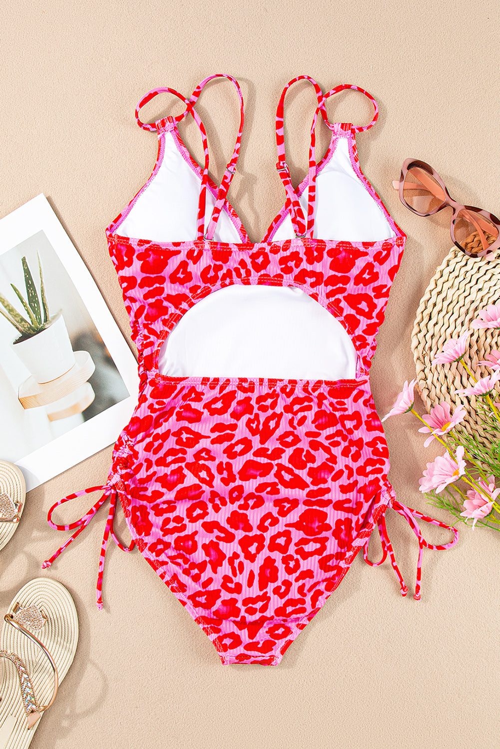 Leopard Adjustable Straps Ribbed Knit One Piece Swimsuit