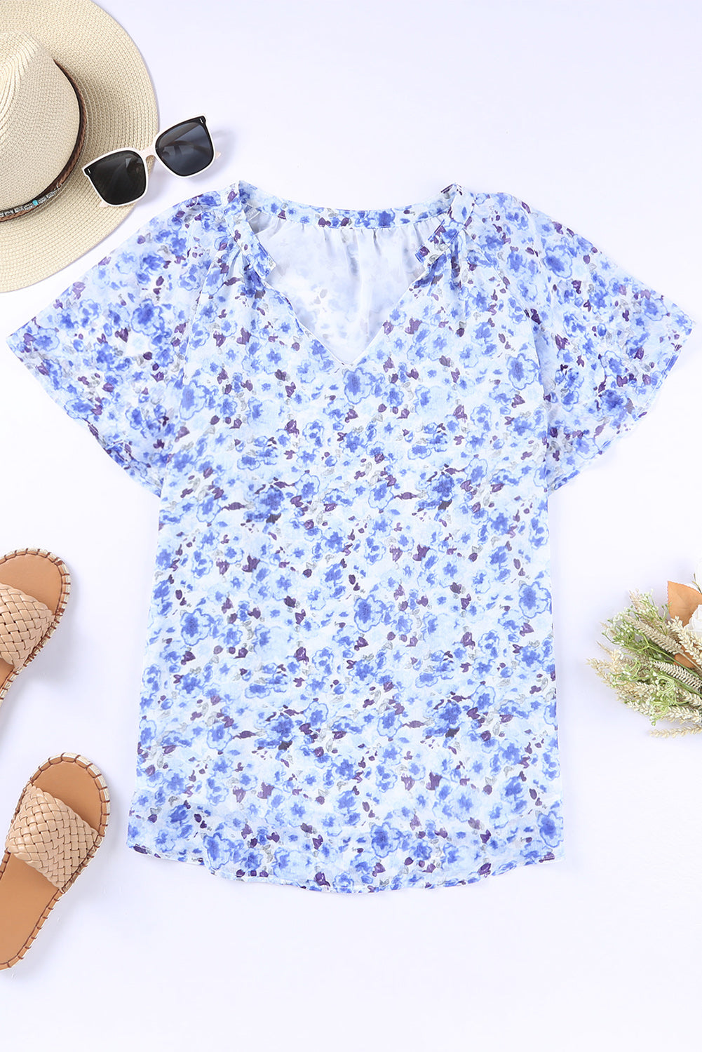 Blue Flutter Sleeve V Neck Floral Summer Blouse