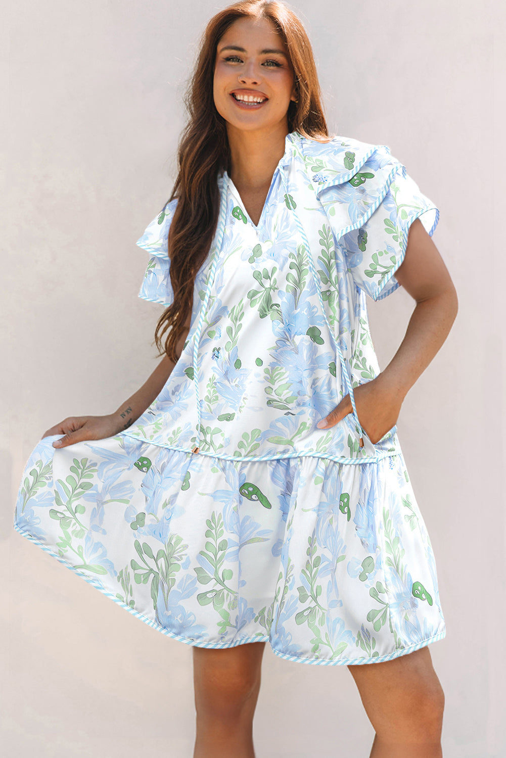 Sky Blue Floral Contrast Edge Layered Short Sleeve Mini Dress