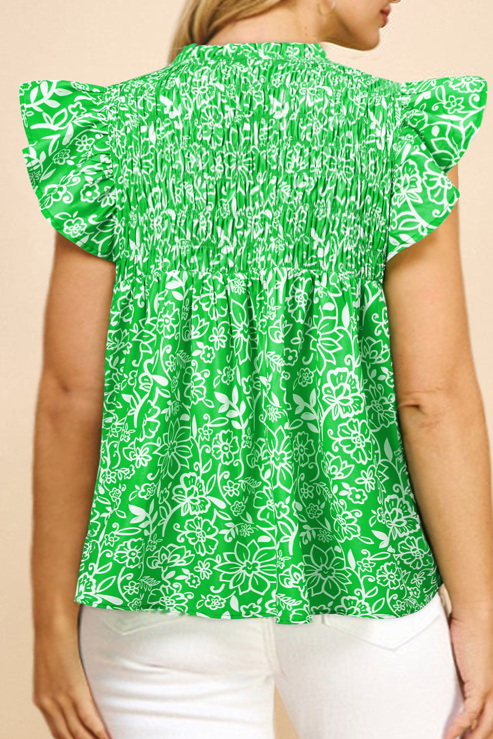 Green Floral Flutter Sleeve Shirred Notched Neck Plus Size Blouse