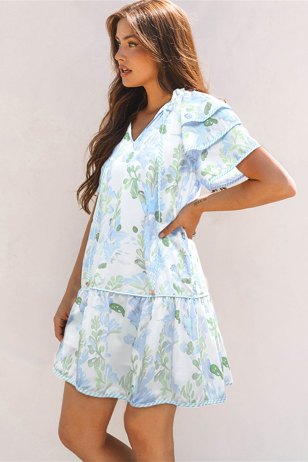 Sky Blue Floral Contrast Edge Layered Short Sleeve Mini Dress