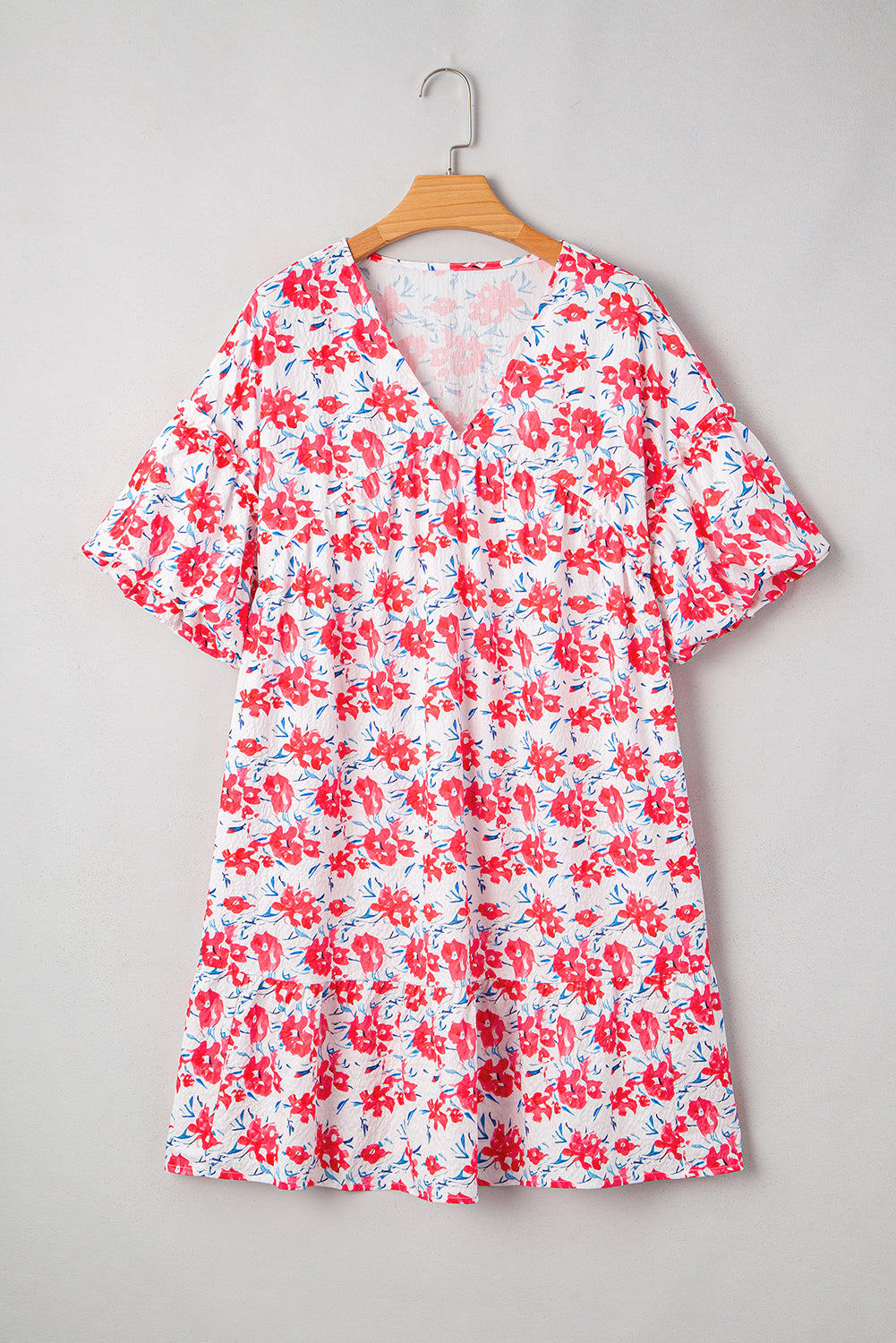 Red Floral Ruffled Half Sleeve V Neck Plus Size Dress