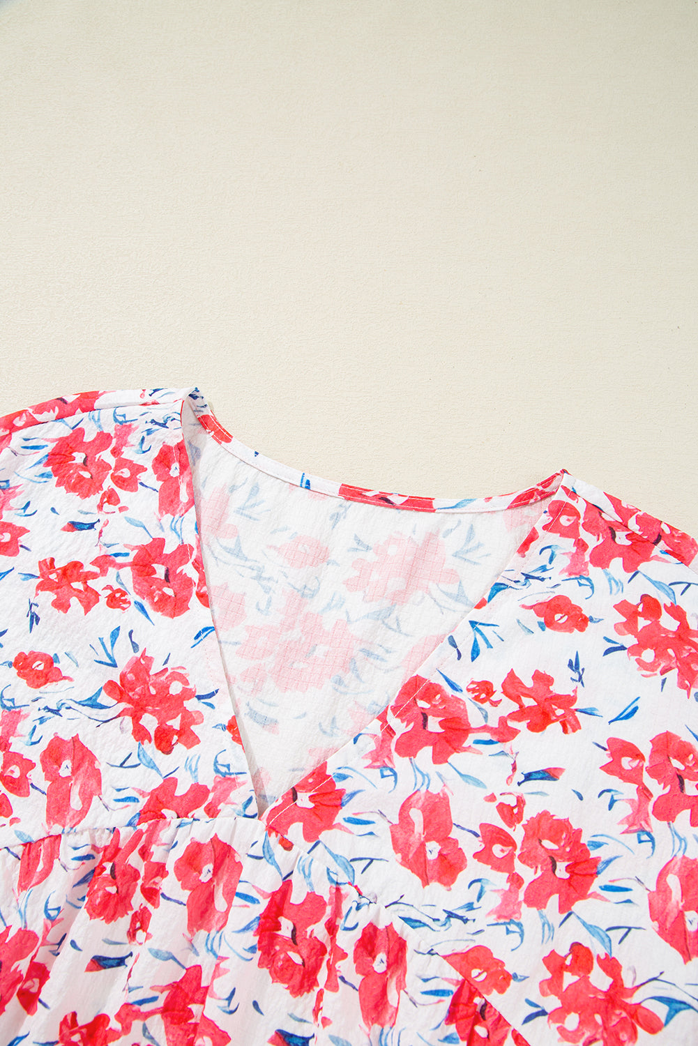 Red Floral Ruffled Half Sleeve V Neck Plus Size Dress