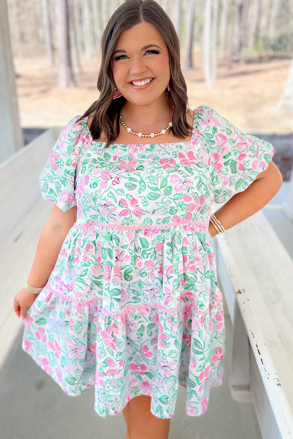 White Floral Print Ric-rac Trim Square Neck Plus Size Mini Dress
