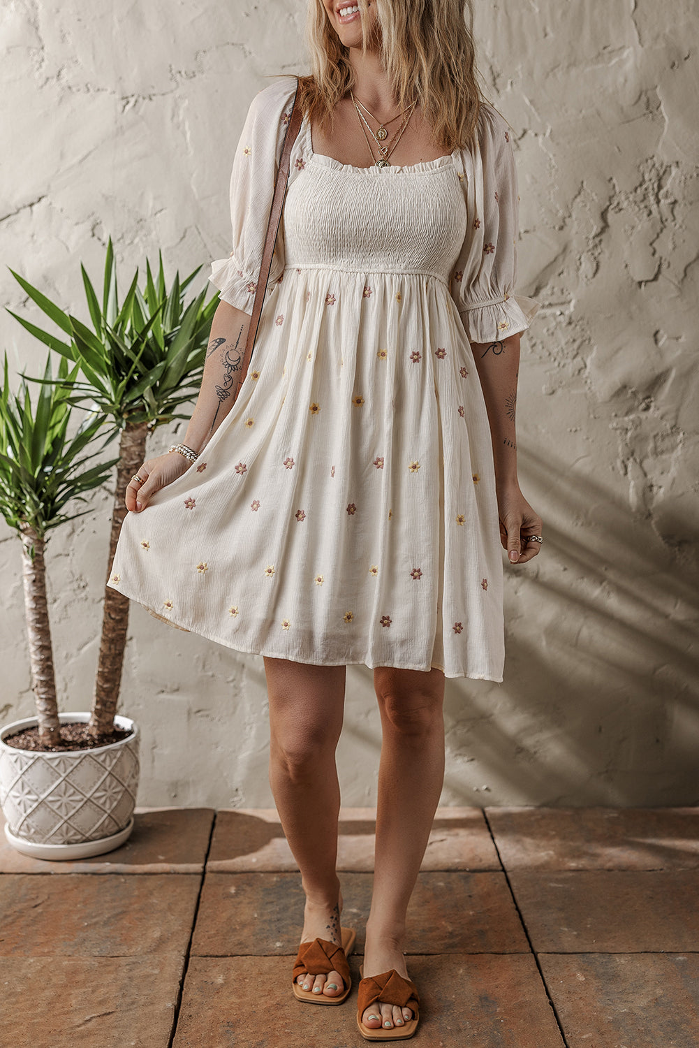 Beige Embroidered Flower Smocked Bust Half Puff Sleeve Empire Waist Textured Flowy Dress