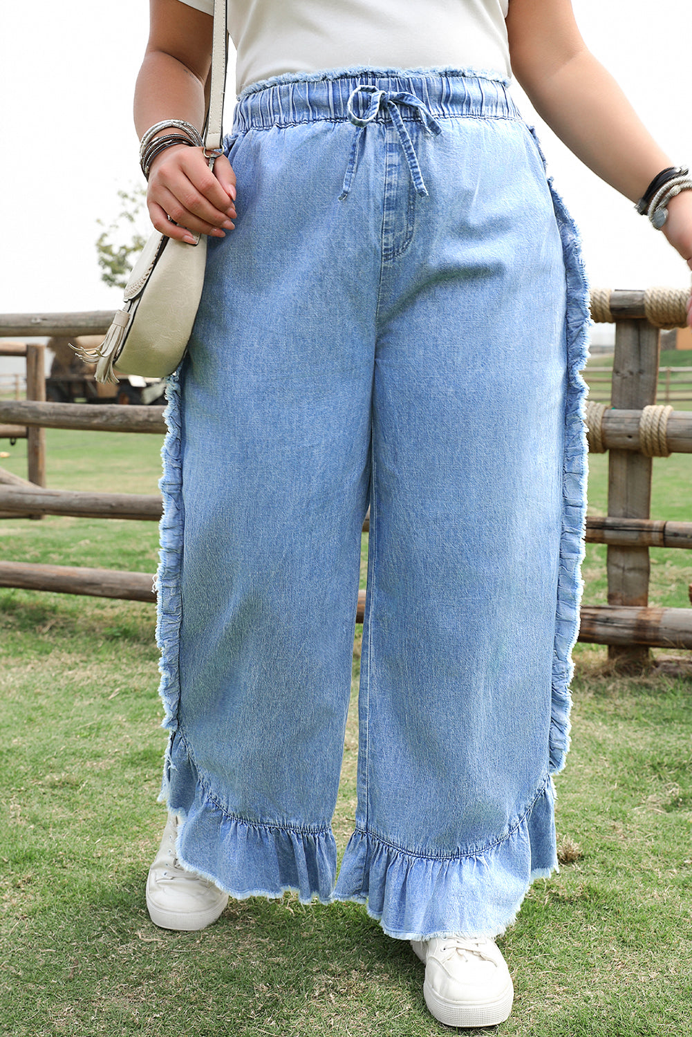 Blue Plus Size Lace up Waist Ruffled Trim Ankle Length Jeans