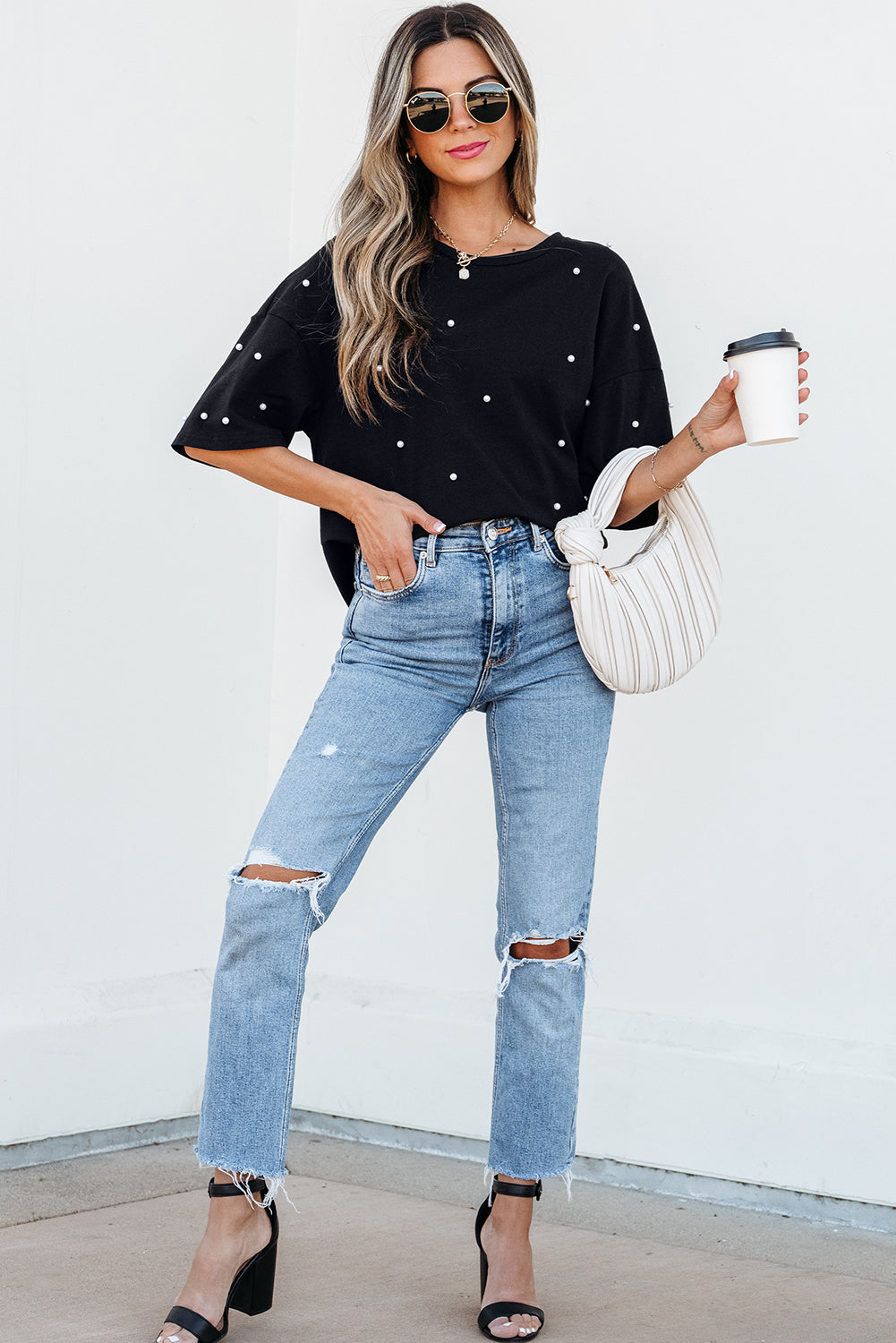 Black Pearl Beaded Drop Shoulder Crewneck T Shirt