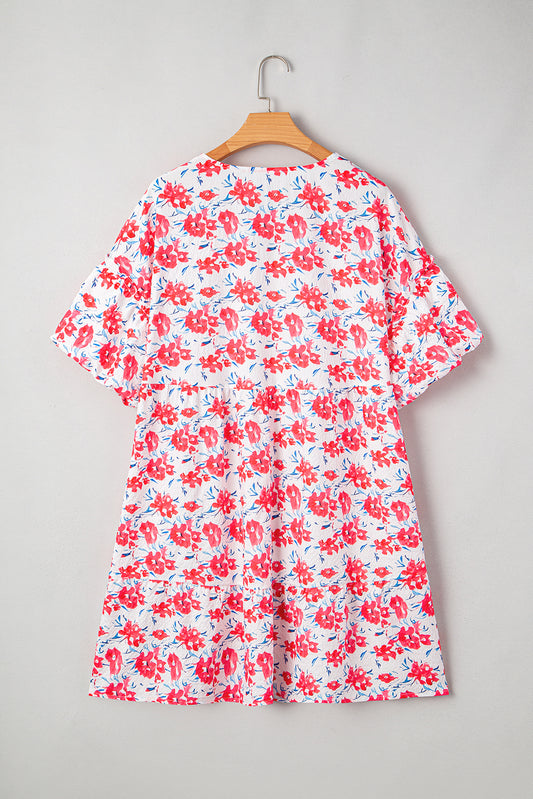Red Floral Ruffled Half Sleeve V Neck Plus Size Dress
