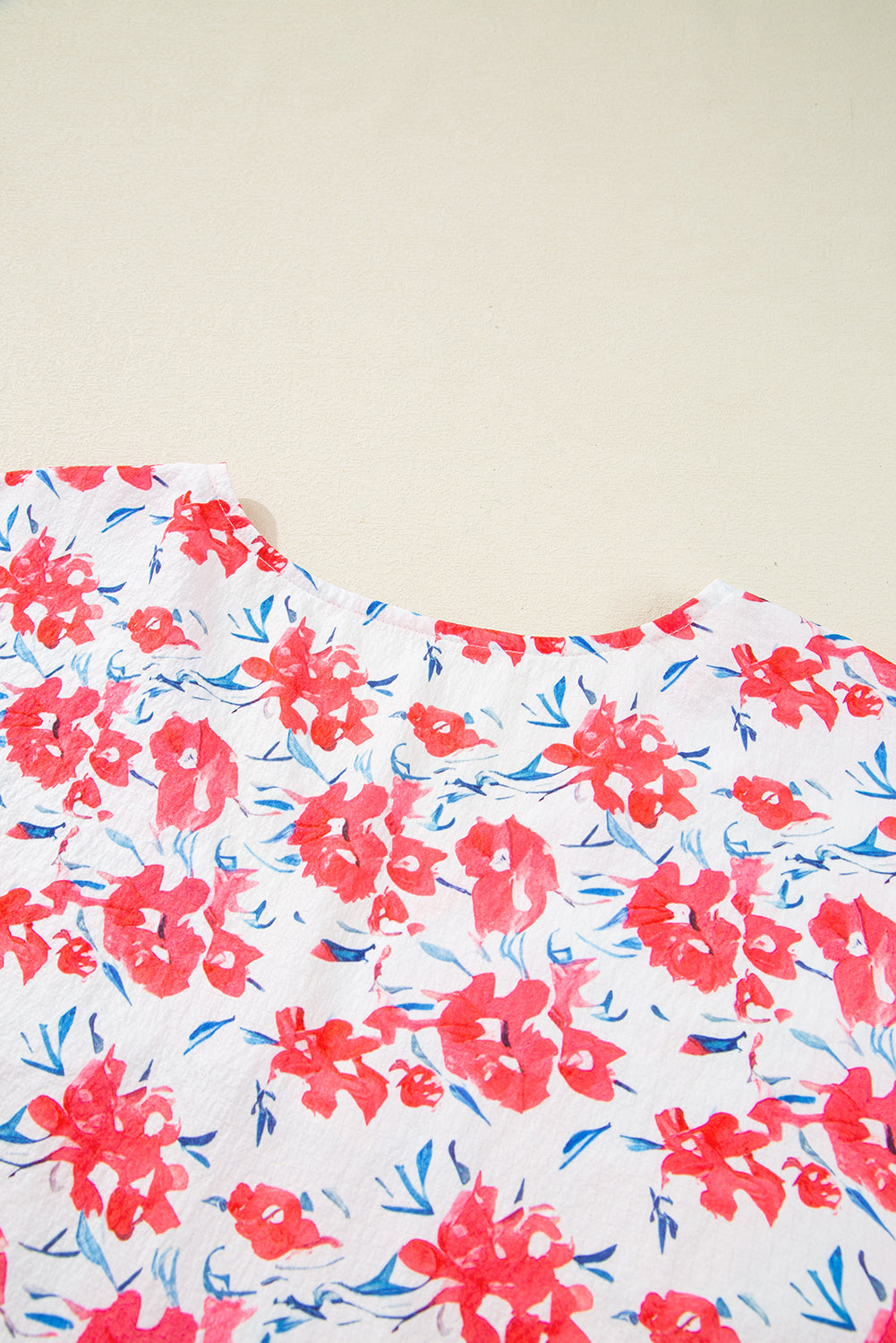 Red Floral Ruffled Half Sleeve V Neck Plus Size Dress