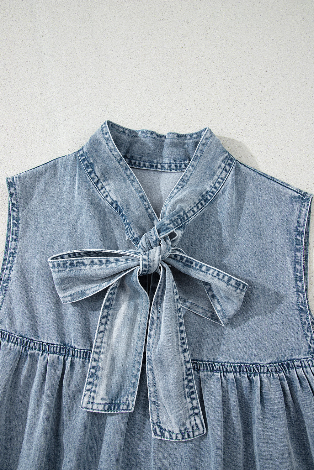 Real Teal Bowknot Neck Sleeveless Ruffled Chambray Dress