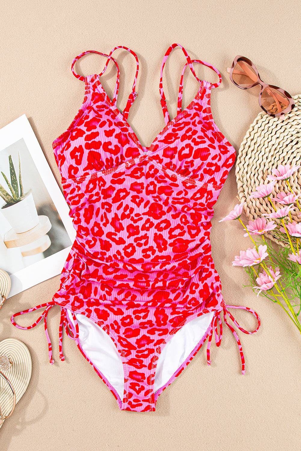 Leopard Adjustable Straps Ribbed Knit One Piece Swimsuit
