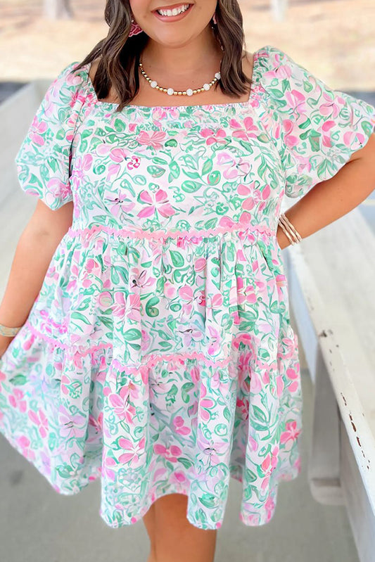 White Floral Print Ric-rac Trim Square Neck Plus Size Mini Dress