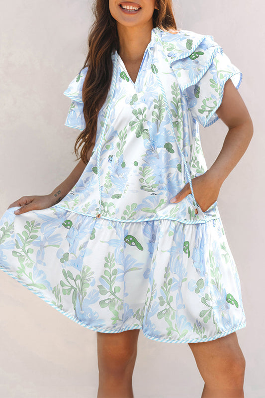 Sky Blue Floral Contrast Edge Layered Short Sleeve Mini Dress